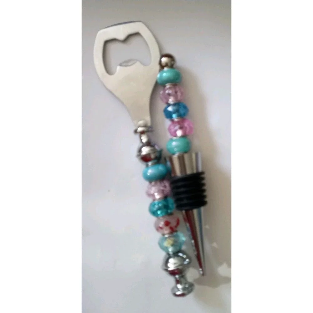 Wine Stopper & Bottle Opener Set Bar Cocktail Beaded Great Gift Aqua Pink